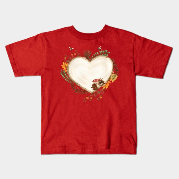 Fall Heart Shaped Trunk with Shrooms Kids T-Shirt by susannefloe